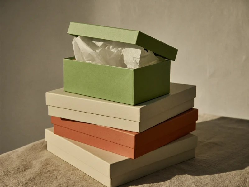 Stak af matte gaveæsker i salvie, creme og terracotta på linned